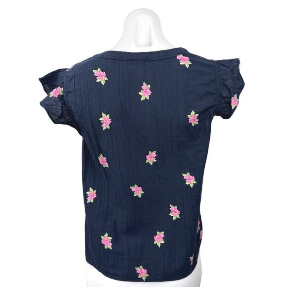 Vero Moda Navy Blue Pink Floral V Neck Ruffle Short Sleeve Blouse Top Size S - Picture 2 of 4